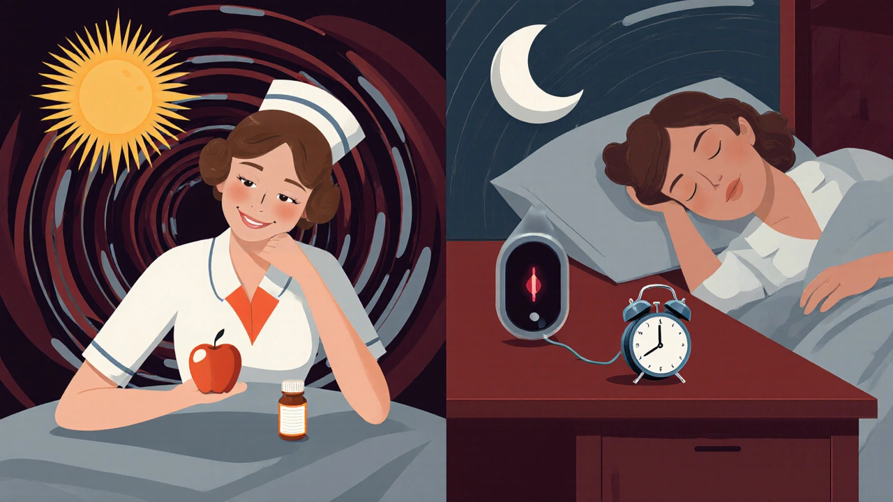 A nurse takes a pill with an apple on one side, while asleep with a red glucose alarm on the other, in geometric Art Deco panels.