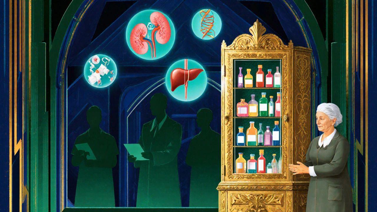 An elderly woman surrounded by overflowing medicine bottles in an ornate Art Deco cabinet with floating organ icons.