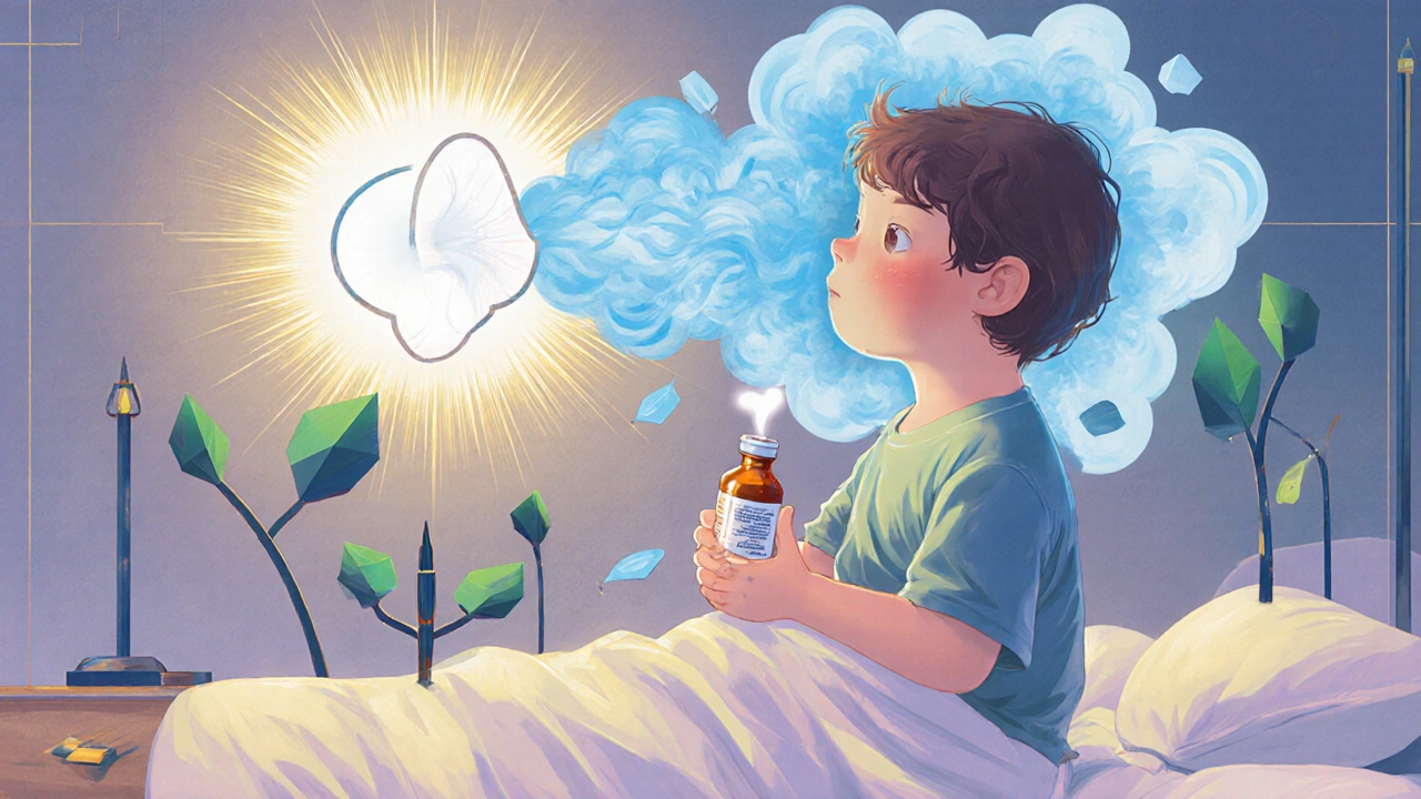 Child taking pain relief as eardrum releases soothing air, geometric health symbols in background