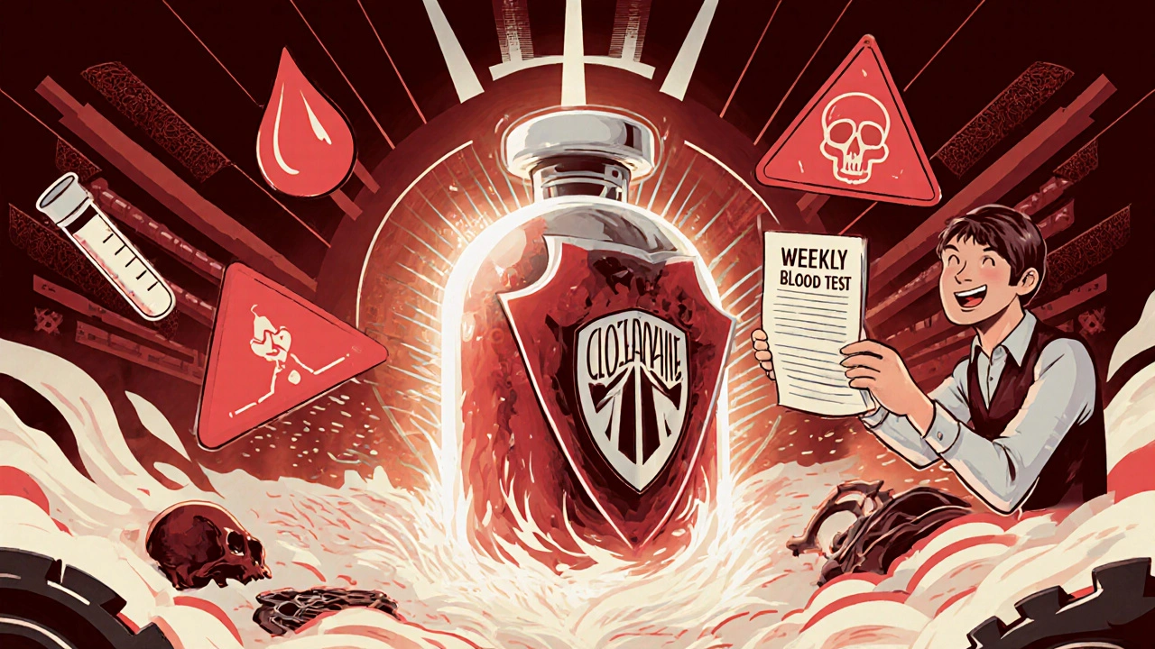 Clozapine vial as a heroic figure amid warning symbols, with patient holding blood test under radiant Art Deco rays.