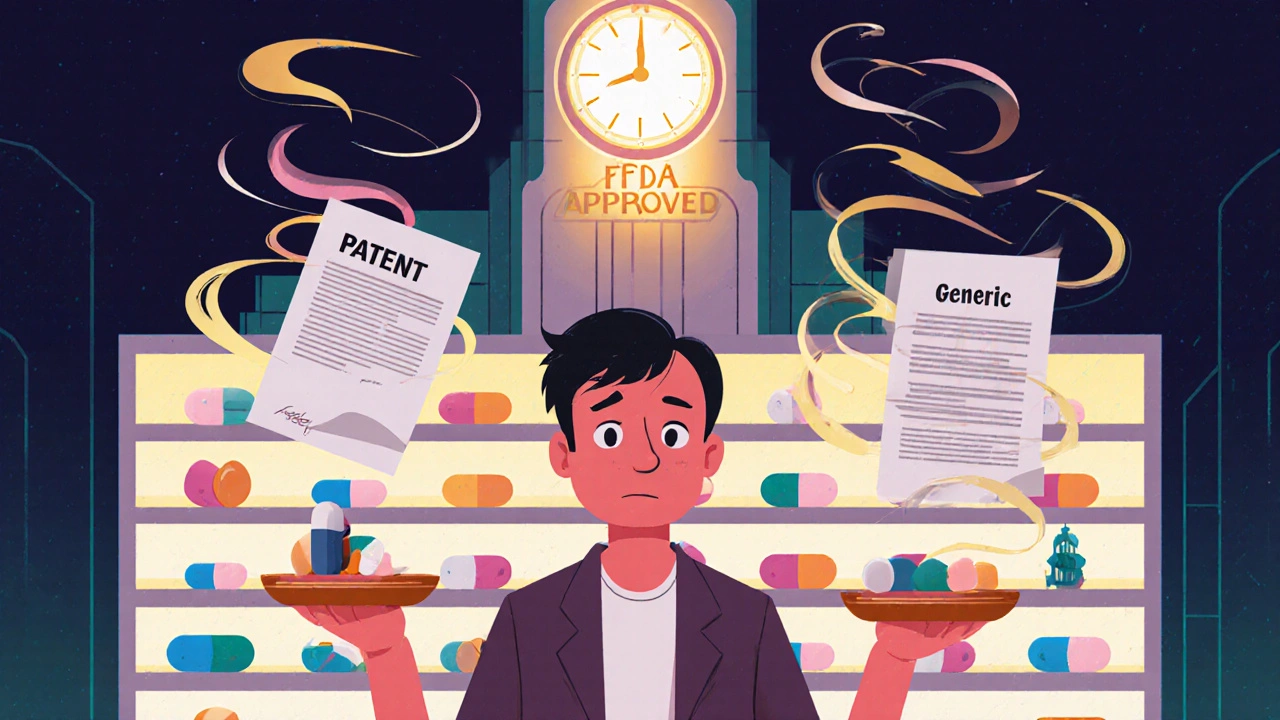 Confused patient holding two pills with legal scales and pharmacy shelf in Art Deco style.