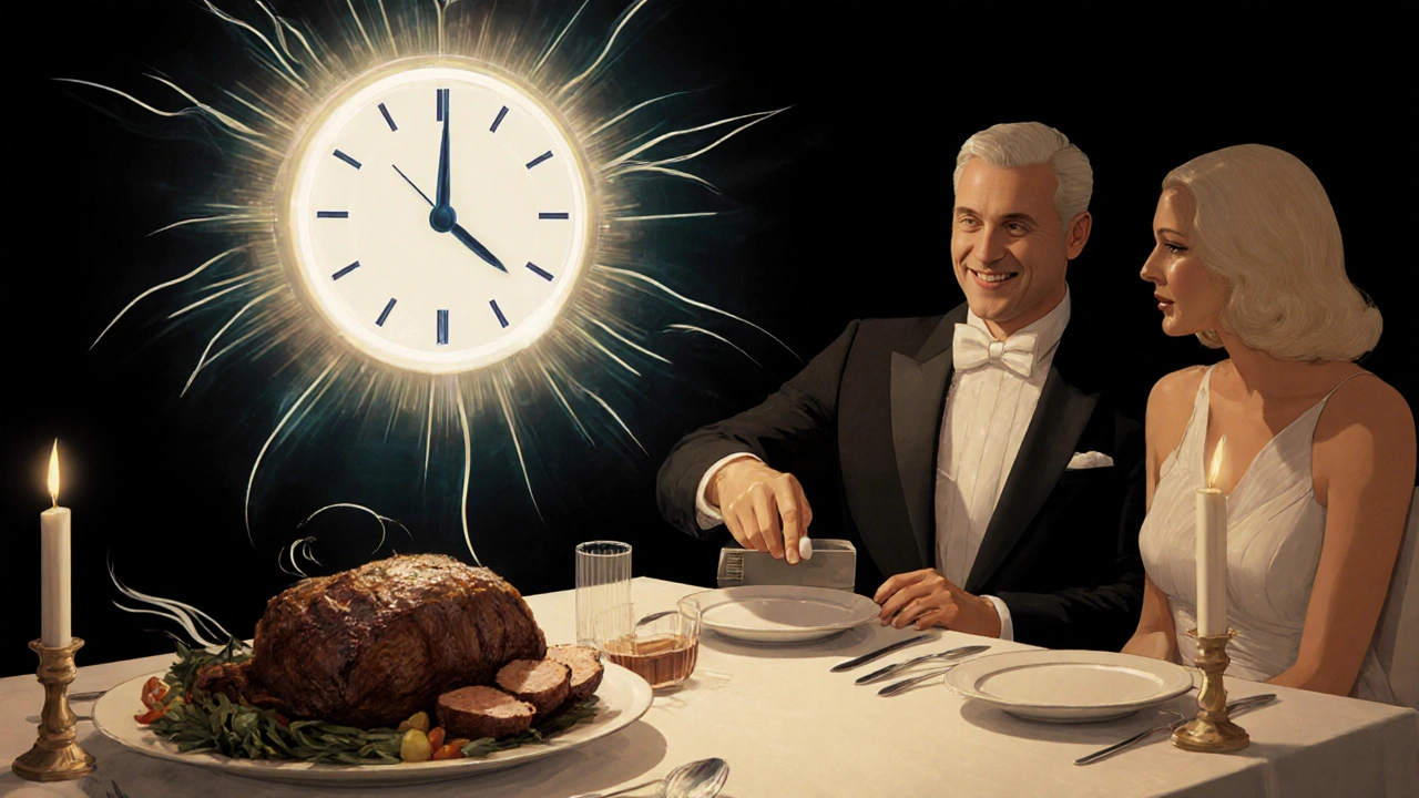 Couple at dinner, man taking ManForce tablet, clock showing 30 minutes, heavy meal fading into shadow.