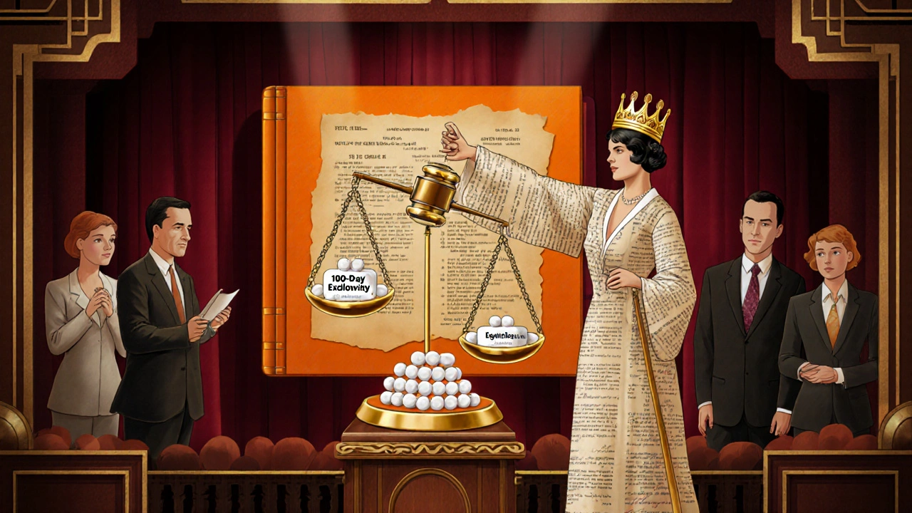 Courtroom scene as a theater, with a pill-shaped gavel striking down patent abuses.