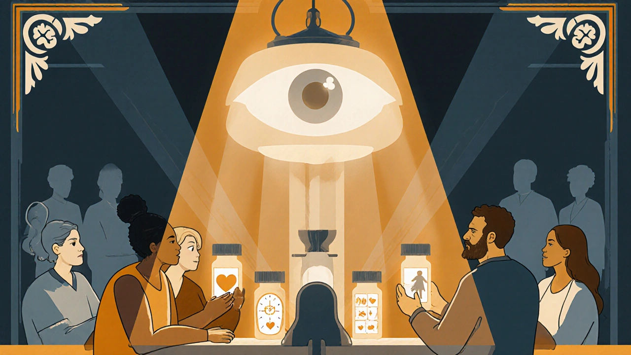 Diverse patients hold glowing pill bottles emitting personal symbols under a glowing Art Deco lantern.