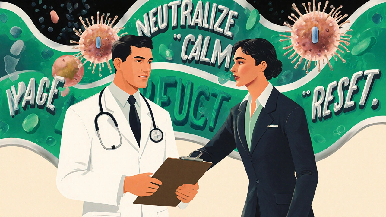 Doctor and patient walking confidently as immune system calms in geometric Art Deco scene.