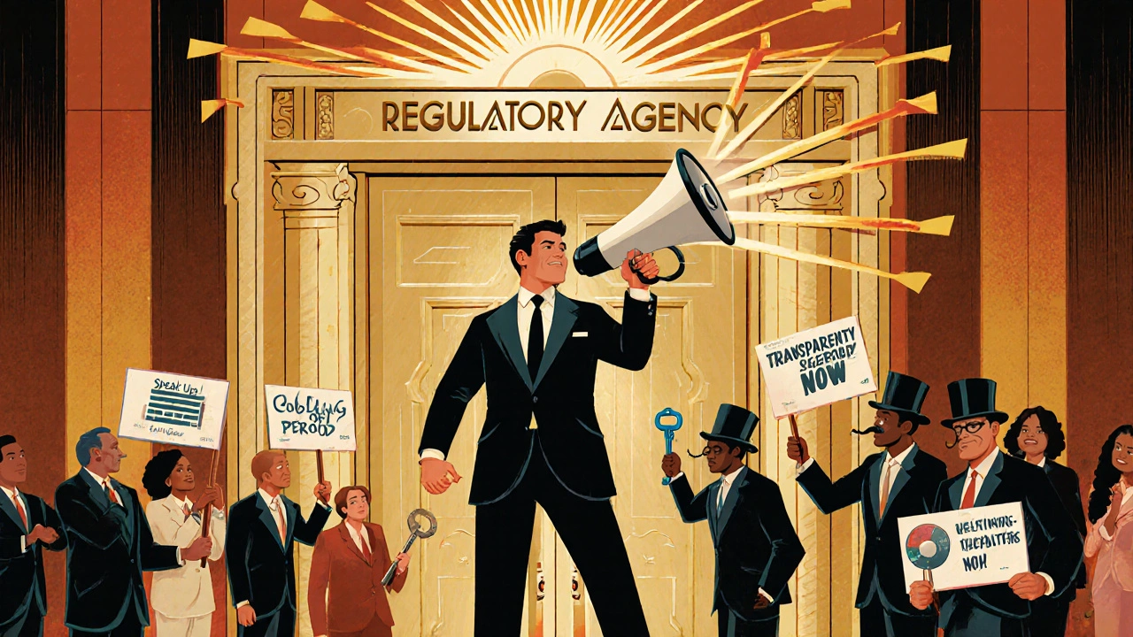 Everyday citizen confronting a locked regulatory agency door as lobbyists try to block public access.