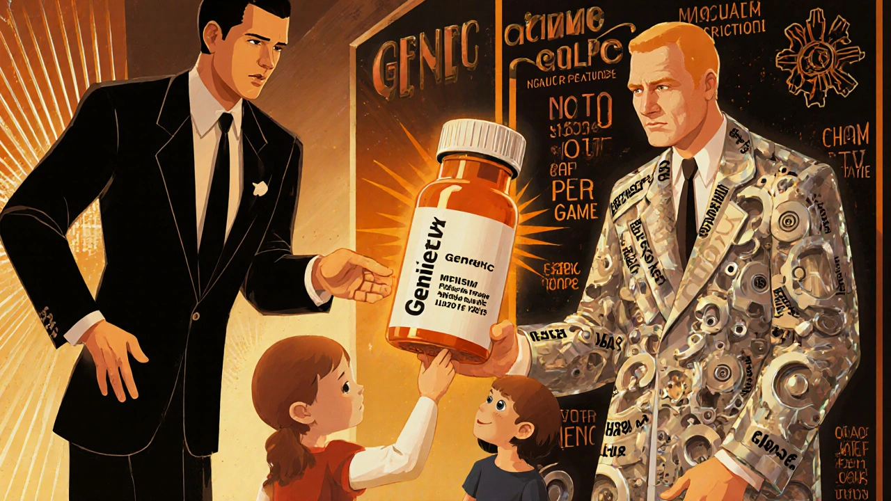 Family receiving generic medicine as shadowy corporation tries to block access, Art Deco style.