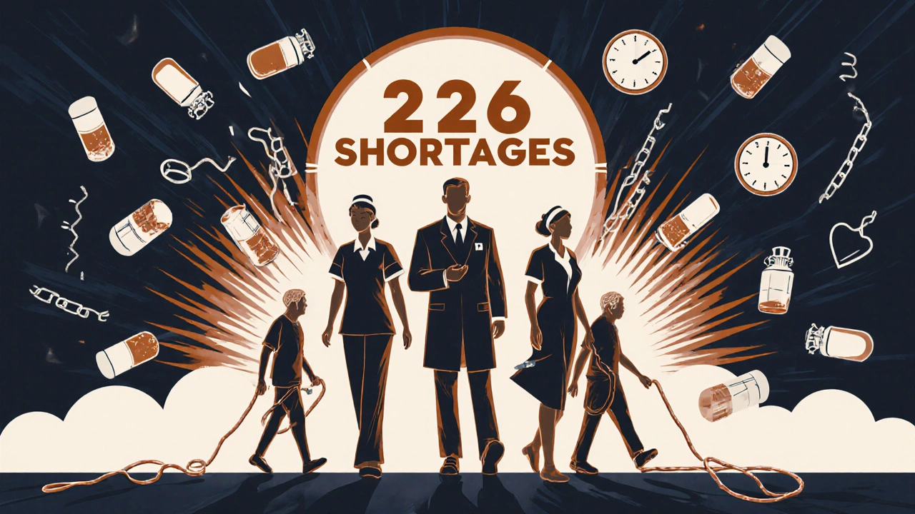 Healthcare workers stand defiantly against a storm of medical symbols, with elderly patients walking forward on IV-line paths.