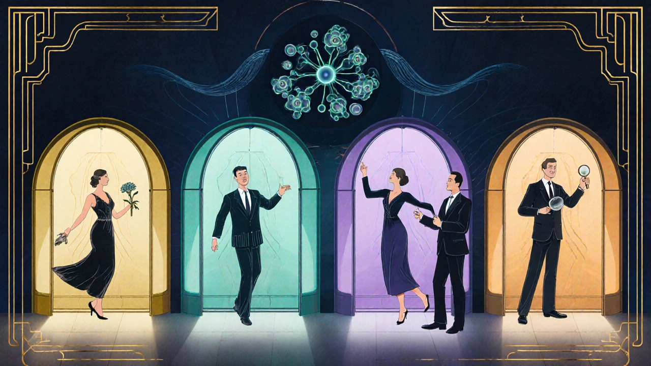 Luxurious Art Deco wellness spa with four glowing therapy pods, patients emerging energized, doctor examining a neural diagram.