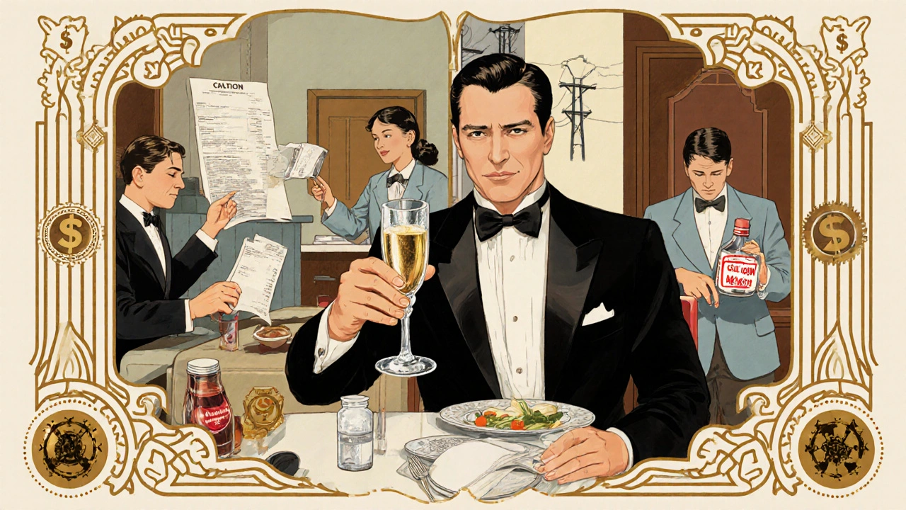 Luxurious dinner scene showing corporate wealth contrasted with families paying high bills and taking unsafe medicine.