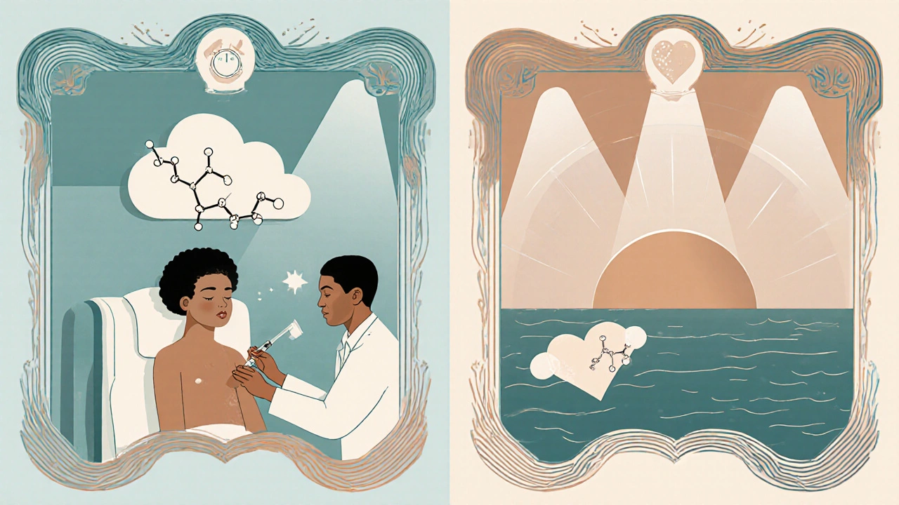 Modern patient receiving injectable antipsychotic, with symbolic icons of side effects and relief in Art Deco design.