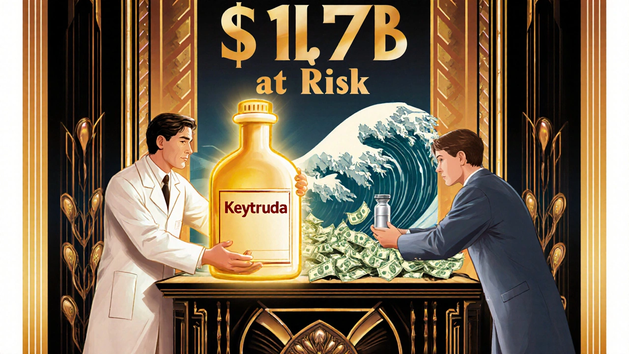Opposing figures holding branded and biosimilar drug vials at a luxury pharmacy counter, with a wave of dollar bills crashing in background.