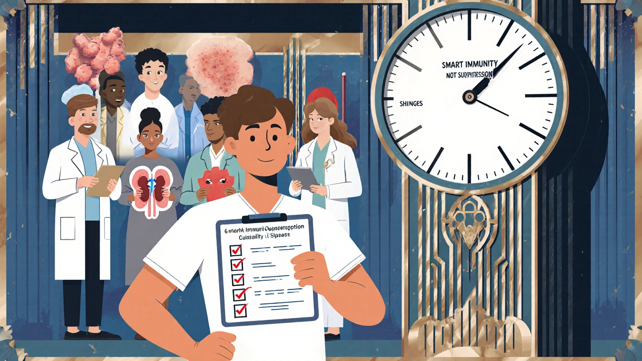 Patient holding a safety checklist beside a clock marking 6-month immunosuppression, with symbolic medical icons in Art Deco design.