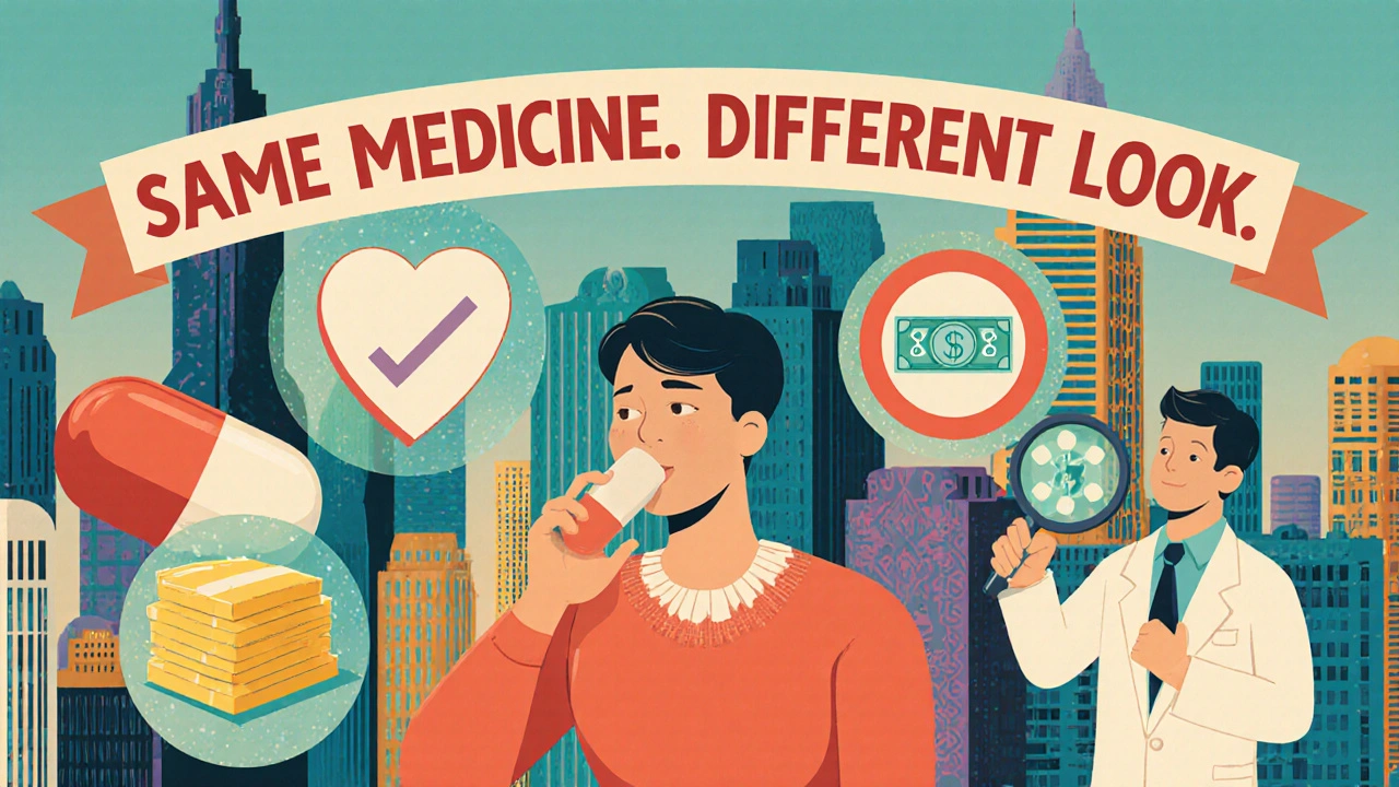 Patient taking a generic pill surrounded by symbols of savings and molecular equality in Art Deco style.