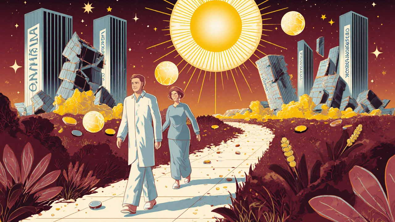 Patients walking toward glowing medical innovations as old pharmaceutical towers crumble, symbolizing affordable healthcare&#039;s rise.