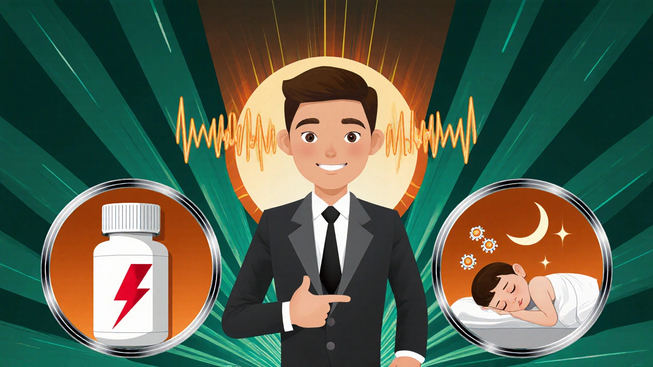 Pediatrician presenting three treatment options: pill, tubes, and sleeping child in Art Deco design