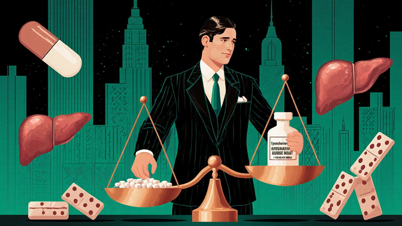 Pharmacist balancing carbamazepine against collapsing immunosuppressant levels, surrounded by falling drug icons.