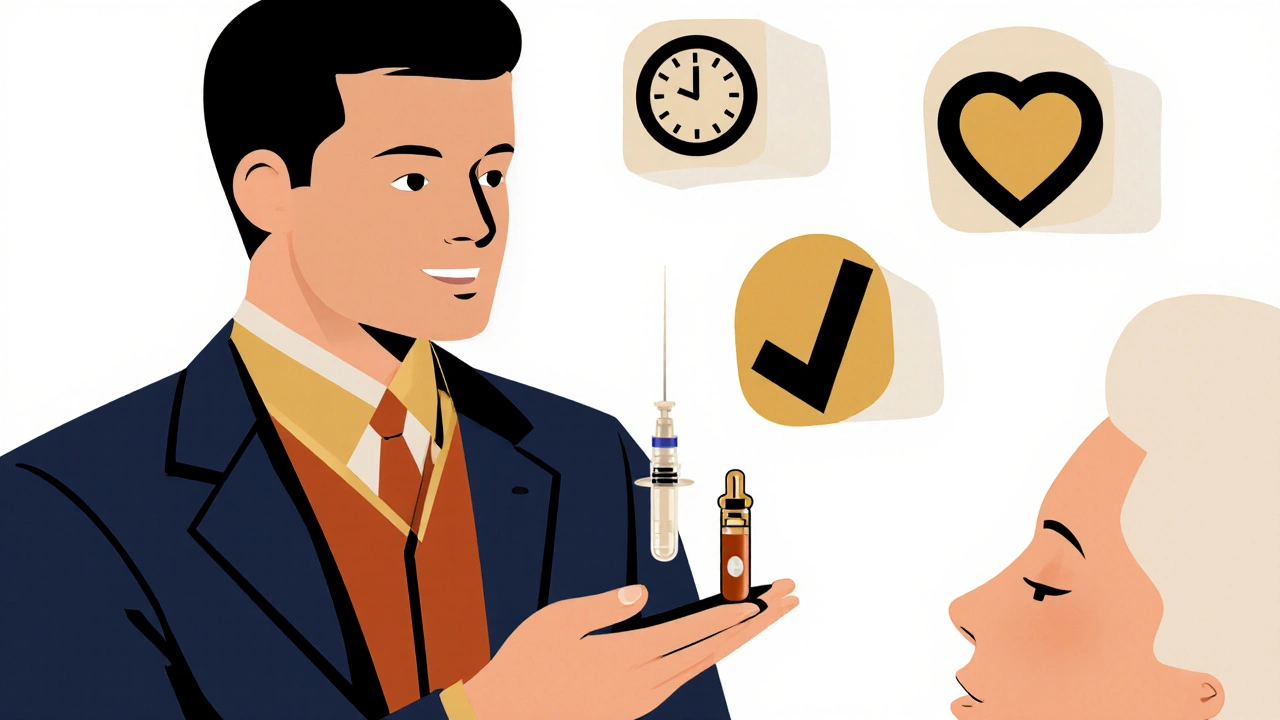 Pharmacist handing a patient a tablet with integrated auto-injector, representing advanced drug delivery.