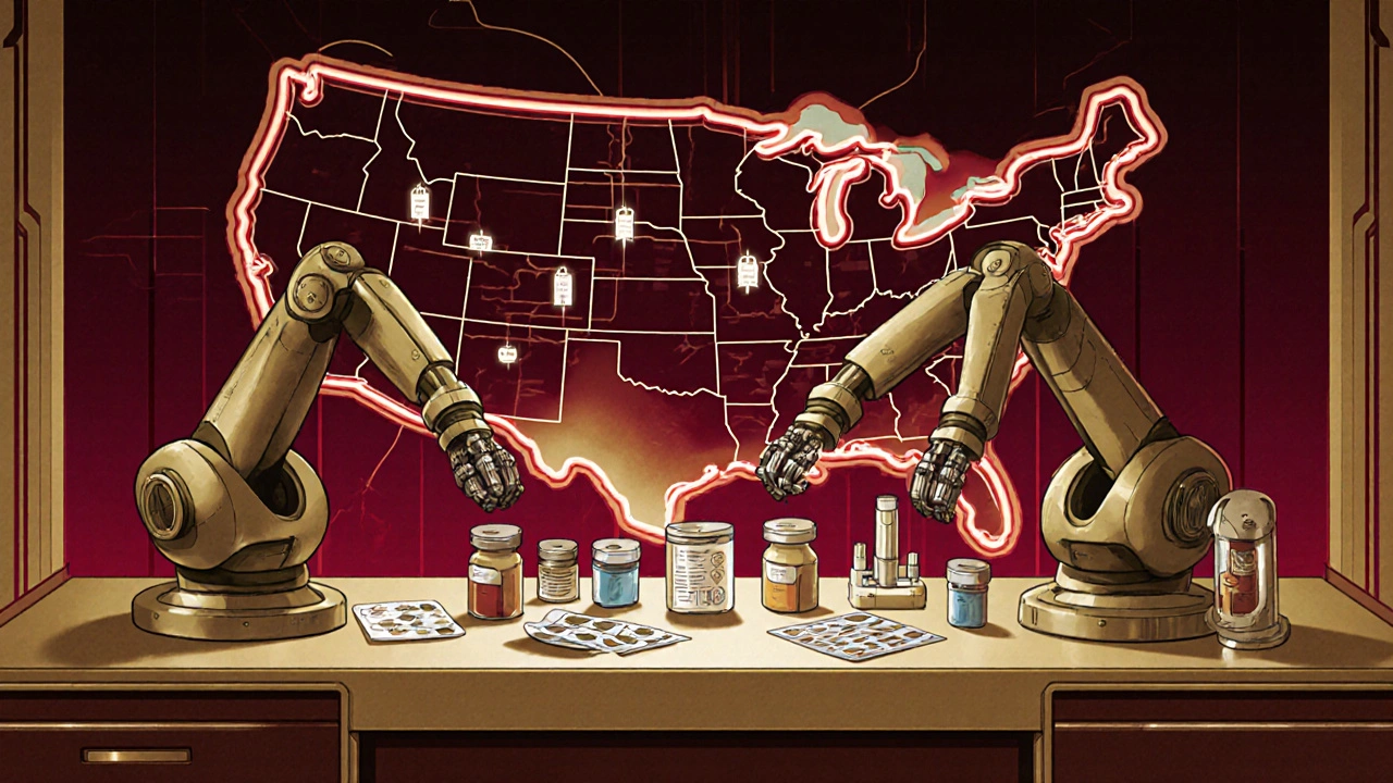 Robotic arms assembling combination drug devices against a glowing U.S. map, showing industry leadership.