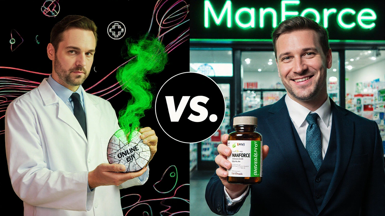 Split image: fake pill with toxic smoke vs. genuine ManForce with GPhC seal, pharmacy in background.