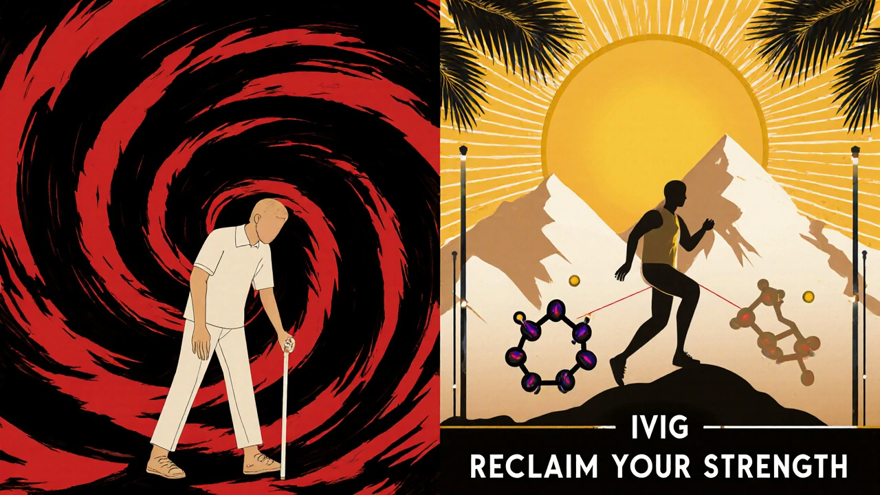 Split image: frail person with cane vs. same person hiking, IVIG restoring balance in Art Deco poster.