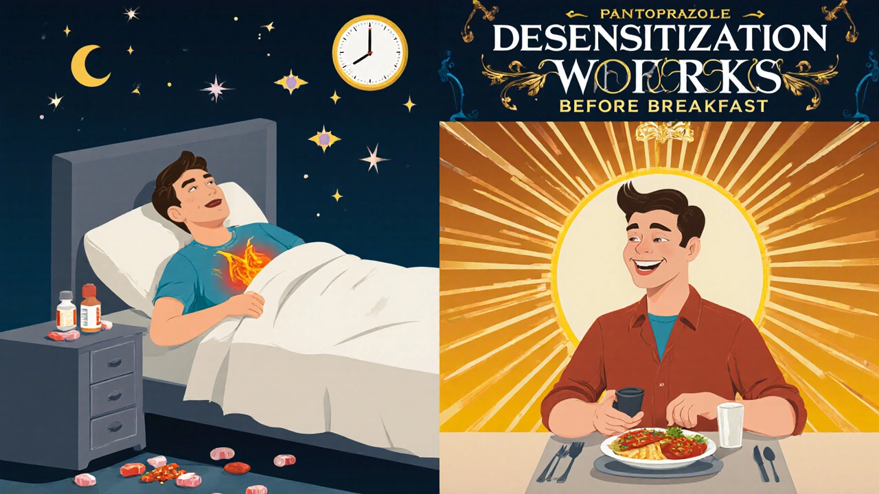 Split image: man suffering at night vs. healthy man eating salsa before breakfast, with sunburst and medical motifs in Art Deco style.