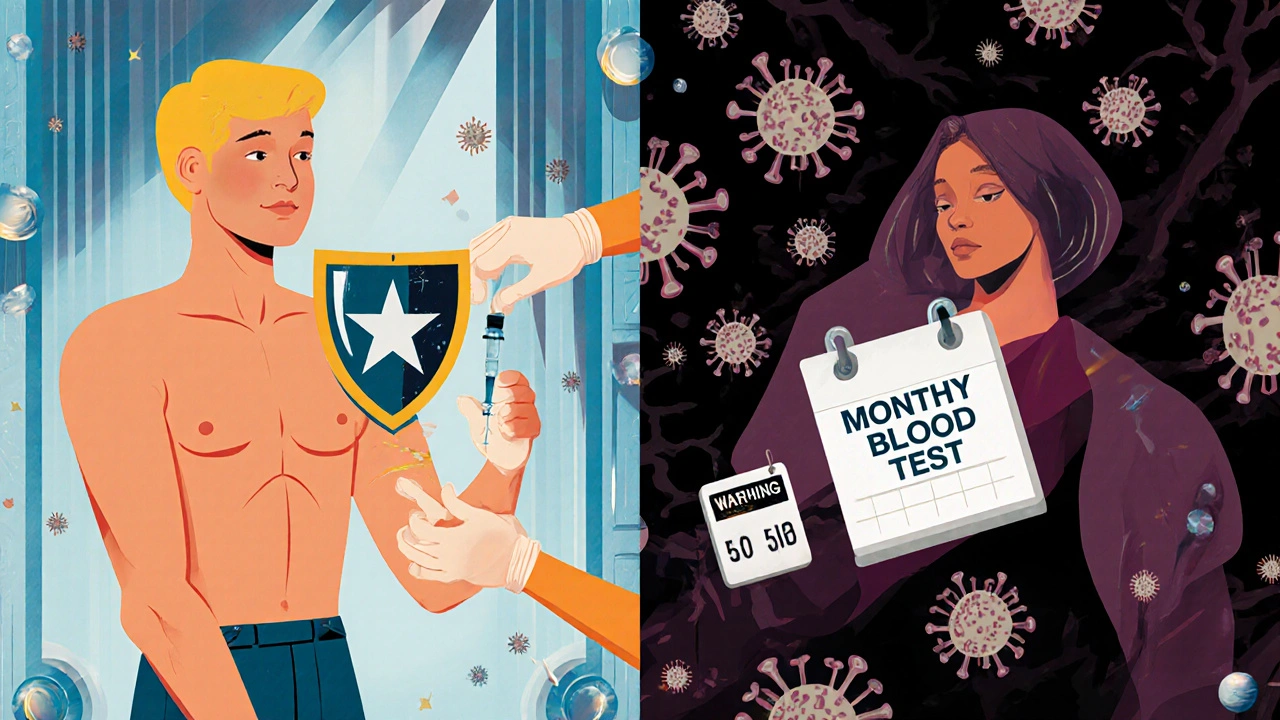 Split-panel Art Deco ad contrasting healthy vaccination with immunosuppression risks, featuring medical monitoring icons and FDA warning.