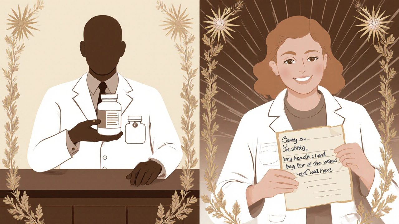 Split scene: plain pill bottle vs. handwritten letter titled &#039;My Health, My Story&#039; in Art Deco style.