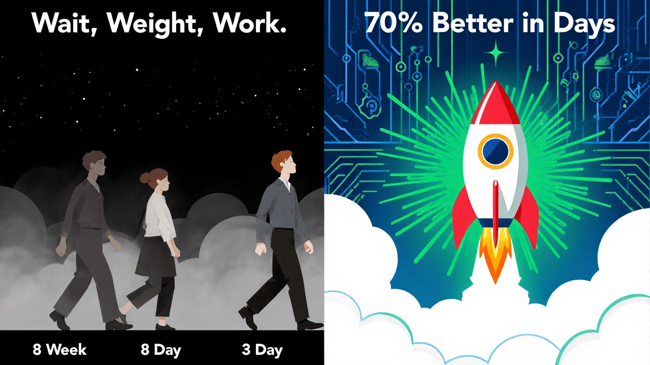 Split-screen Art Deco illustration: left shows slow, heavy SSRI journey; right shows a rocket launching to fast mental relief.