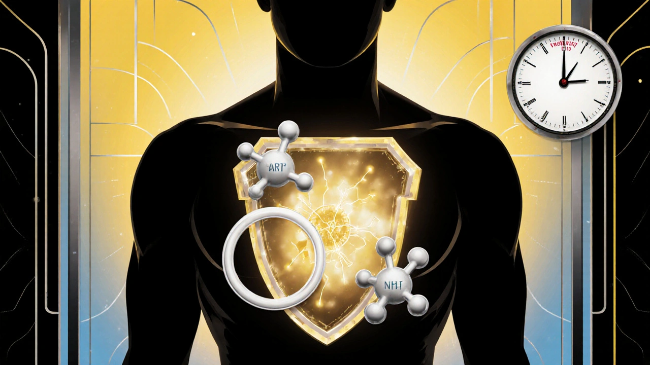 Stylized human silhouette with molecular shield, glowing atazanavir molecule at center, symbolizing combination HIV therapy.