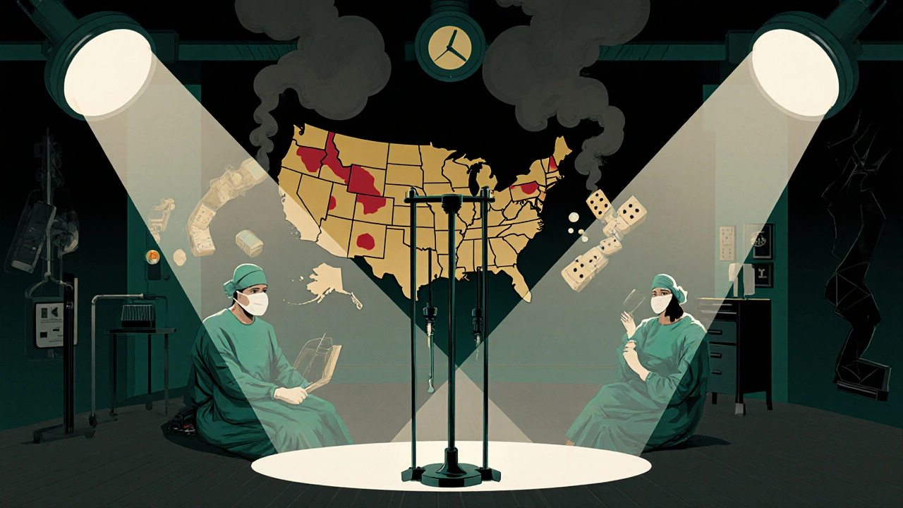 Surgeons pause in an operating room as an empty IV pole stands tall, with supply chain icons fading into the background.