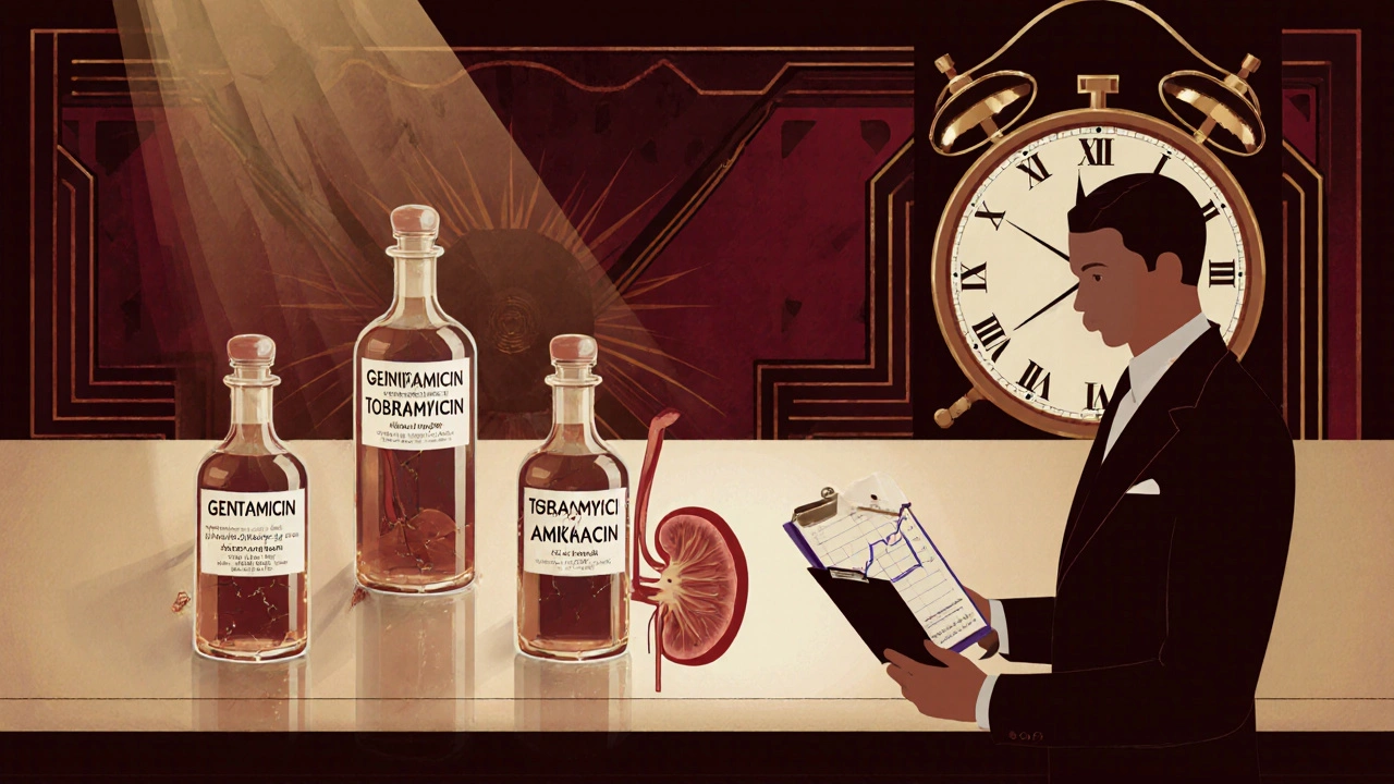 Three elegant antibiotic vials on an Art Deco counter casting shadows over fractured kidneys, with a 1:30 p.m. clock visible.