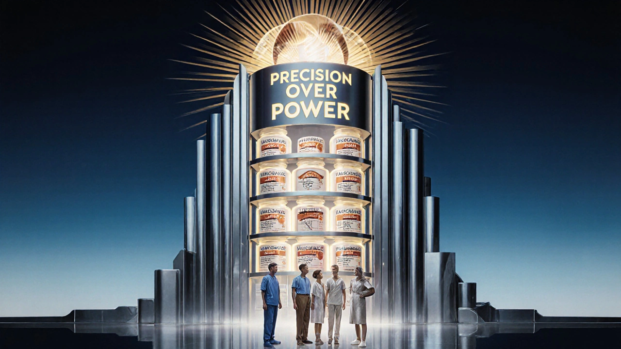 Vancomycin bottles on a shelf under a dome shaped like ear and kidney, radiating precision in Art Deco design.