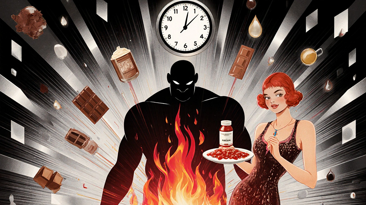 Woman in flapper dress holding spicy food and pills, with a flame-shaped heartburn monster beneath her, clock showing morning time.