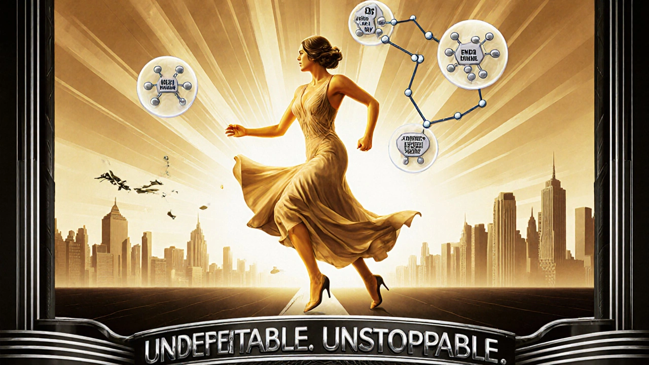 Woman running toward sunrise with golden skin, surrounded by floating HIV drug molecules, chain of resistance broken behind her.