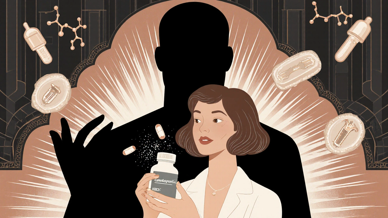 Woman watching birth control pills turn to dust as carbamazepine casts a shadow, with non-hormonal alternatives nearby.