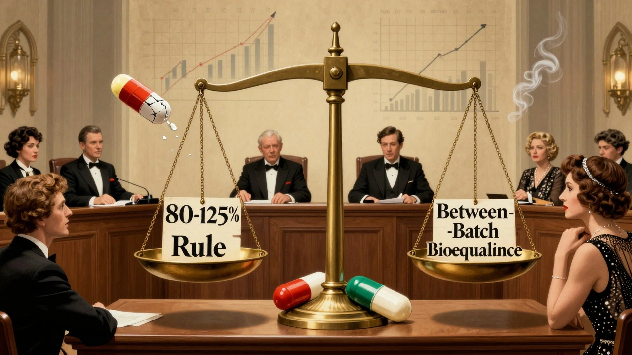 A courtroom scale balancing one pill against three, with statistical smoke and a cracked tablet floating above.