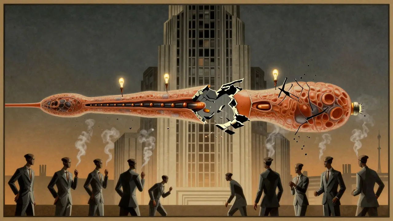 A crumbling axon skyscraper with dying mitochondria bulbs, surrounded by factory-like B cells.