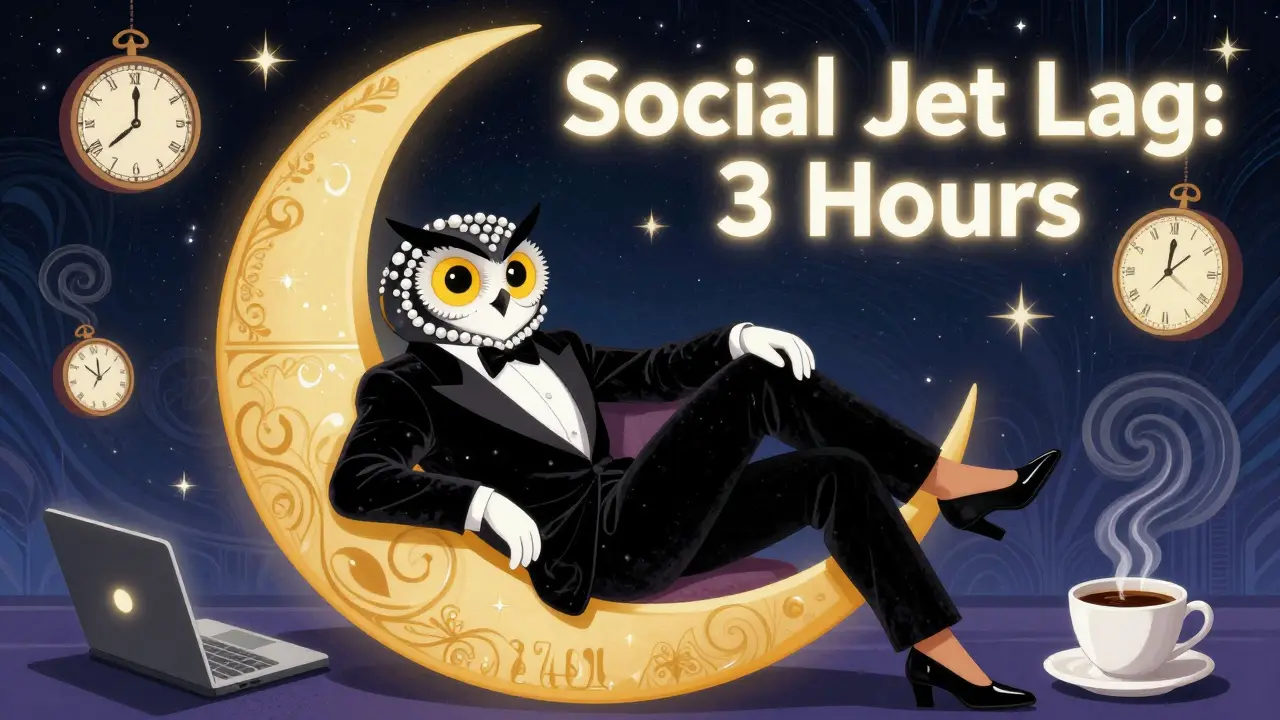 A glamorous night owl lounging on a crescent moon with floating clocks and coffee steam spirals under a starry Art Deco night sky.