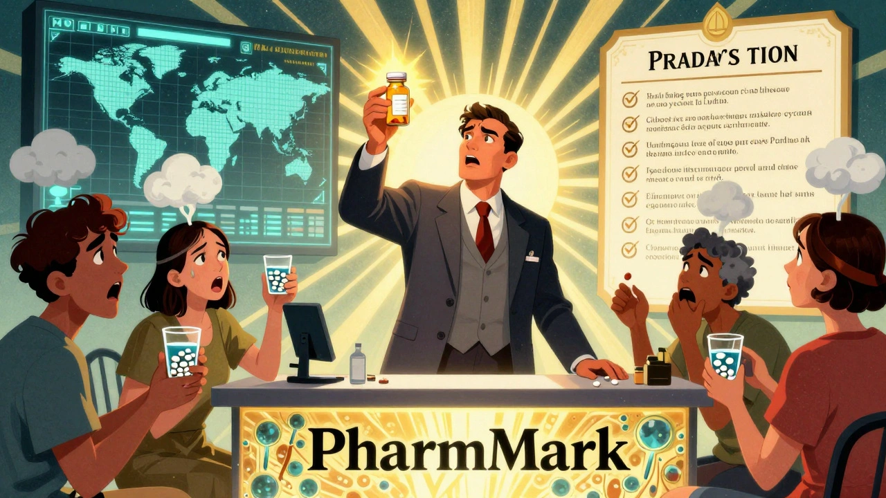 A heroic pharmacist holding a glowing pill bottle as patients hold counterfeit drugs, with UV-verified Nanoparticles and verification steps illuminated.