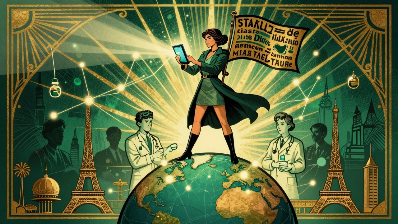 A heroic woman stands on a globe, using a tablet to connect pharmacies worldwide in a vibrant Art Deco illustration.
