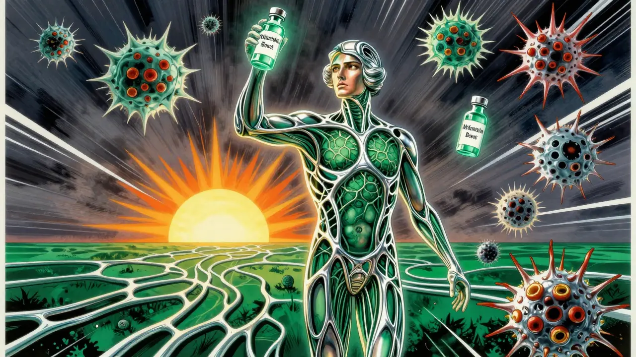 A neural hero holding healing vials as restored nerve pathways glow in a sunrise landscape.