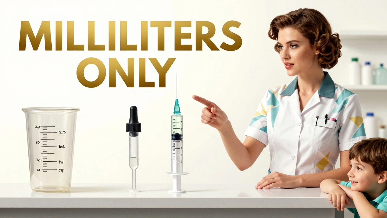 A pharmacist pointing to an oral syringe at a pharmacy counter, with dosing tools and bold &#039;mL&#039; markings.