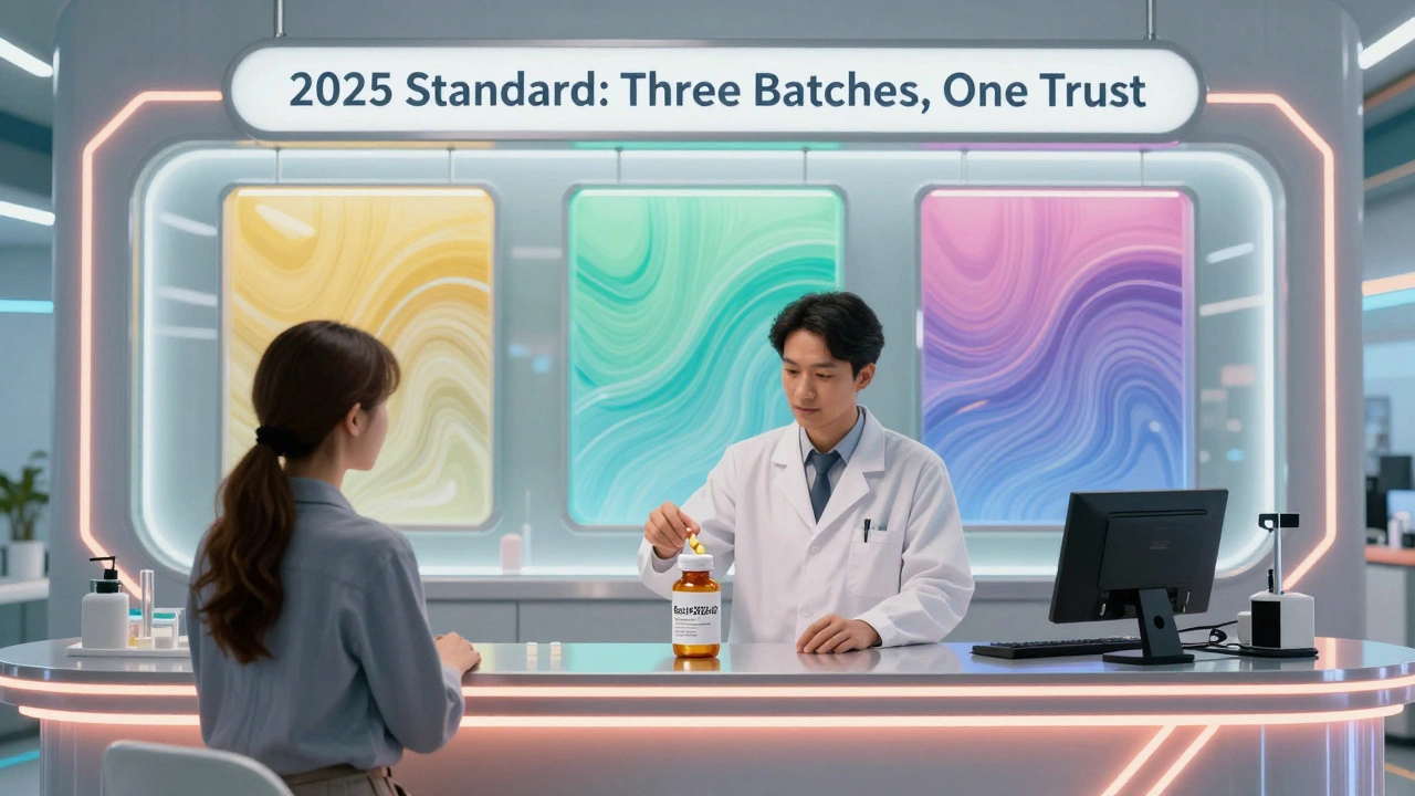 A pharmacy counter with three transparent manufacturing batches showing color-coded variation under a &#039;2025 Standard&#039; banner.