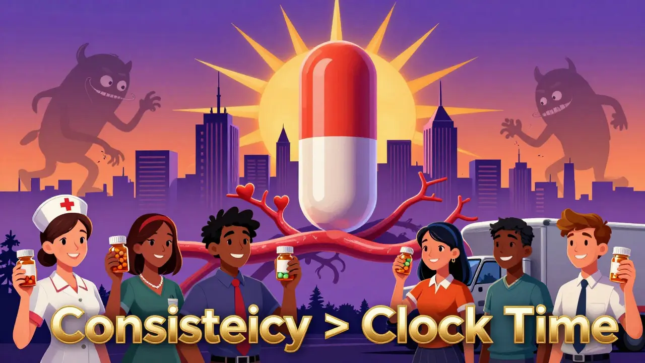A pill shaped like a sunburst defeating missed doses, with diverse people taking medication at different times.
