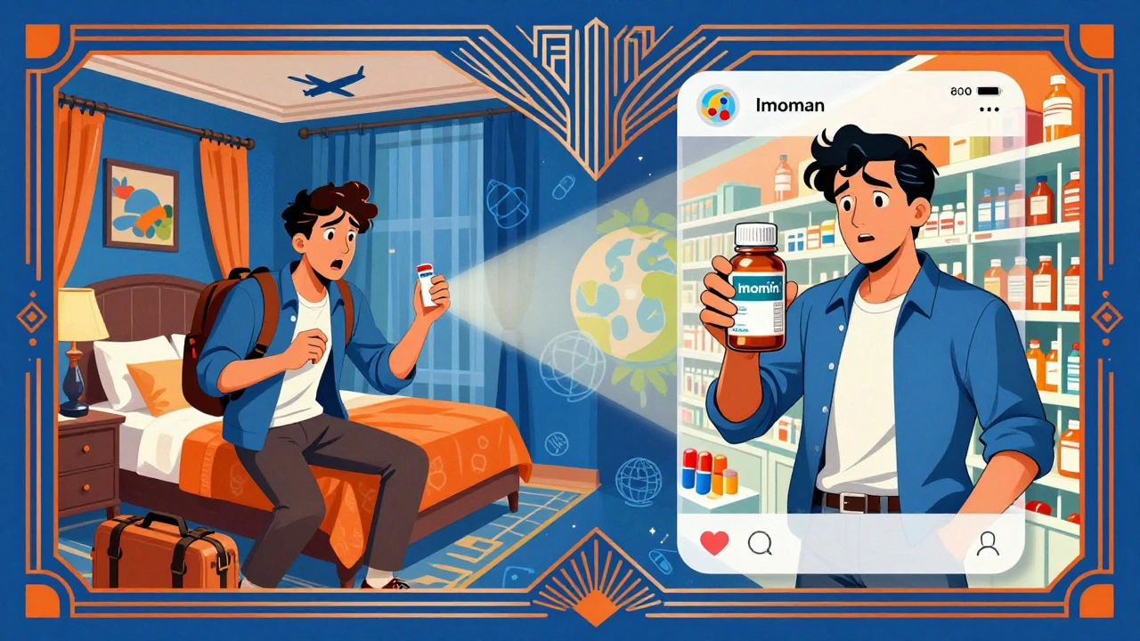 A traveler transforms from panicked to confident as an app guides them to the right medicine in a foreign pharmacy.