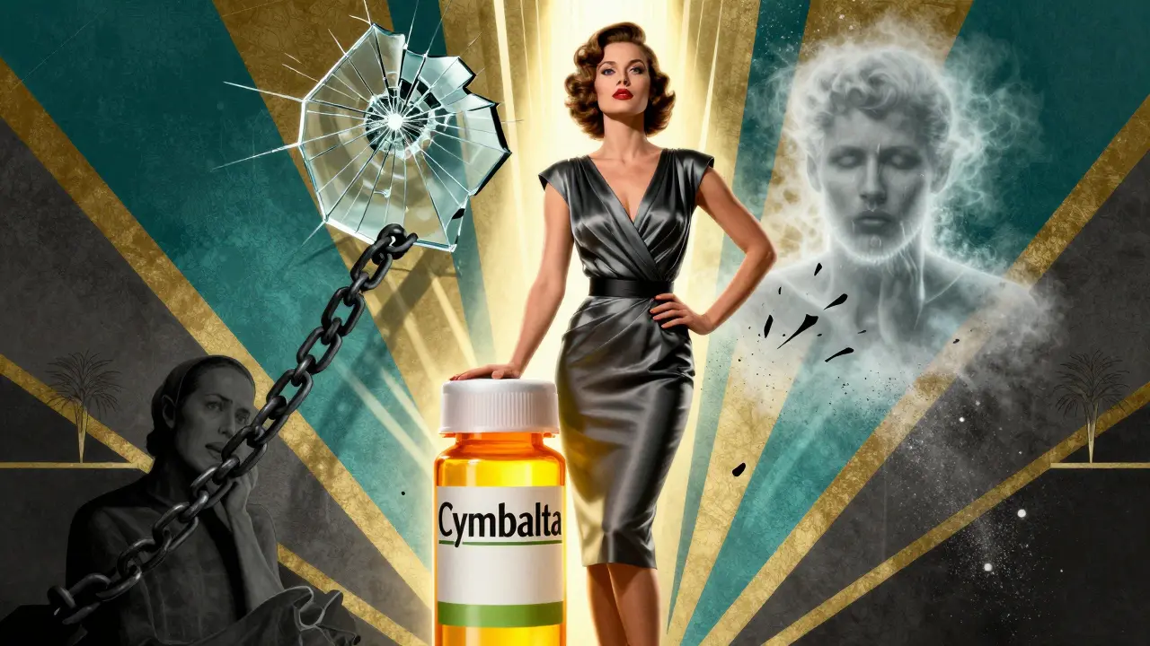 A woman in 1930s attire stands beside a glowing prescription bottle as pain and fatigue shatter behind her.