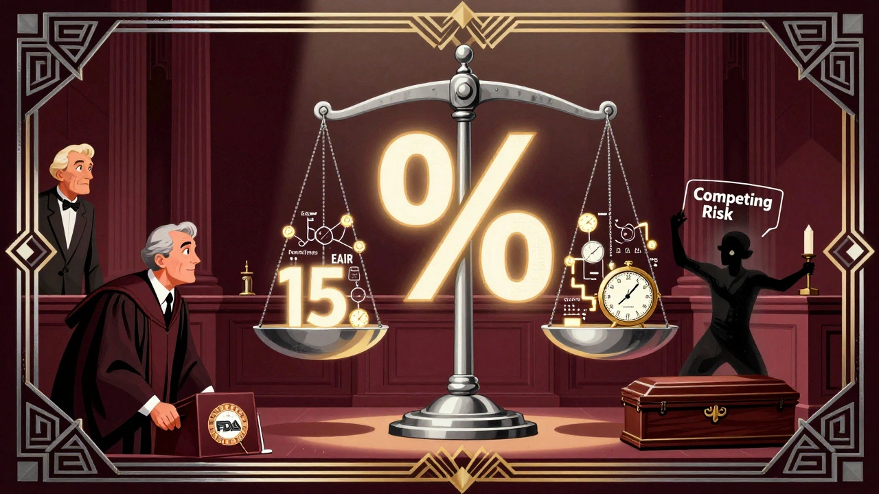 Art Deco courtroom scale balancing a percentage symbol against a complex EAIR formula, with a shadowy competing risk figure nearby.