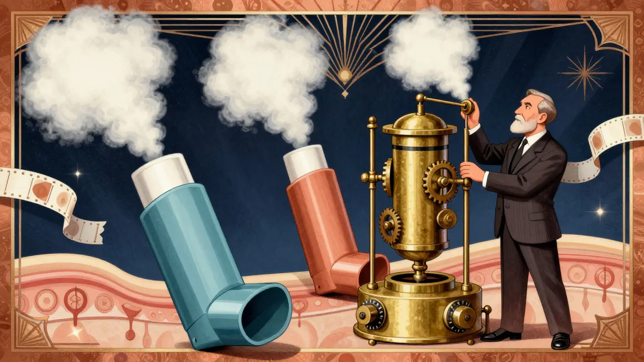 Art Deco scene of generic and brand inhalers releasing aerosol clouds, with a scientist using a brass particle analyzer.