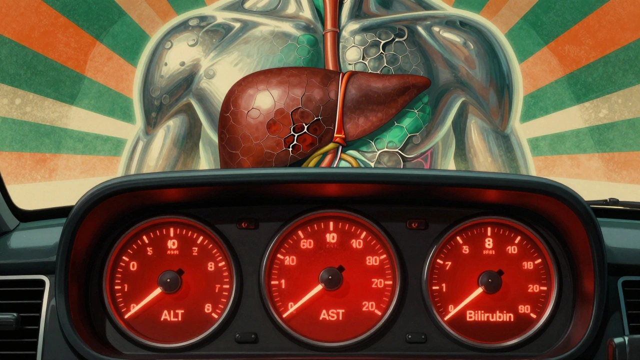 Car dashboard with liver enzyme dials and translucent torso showing damaged liver, Art Deco style
